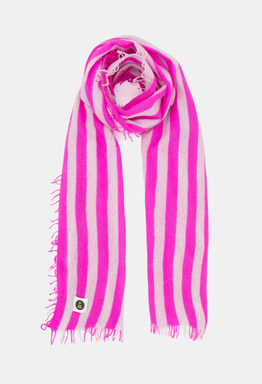 V Von Goat Kaschmir-Schal mit Fransen im Stripes-Stil in den Farben Neon Pink und Grau aus reiner Cashmere-Wolle auf weißem Untergrund.