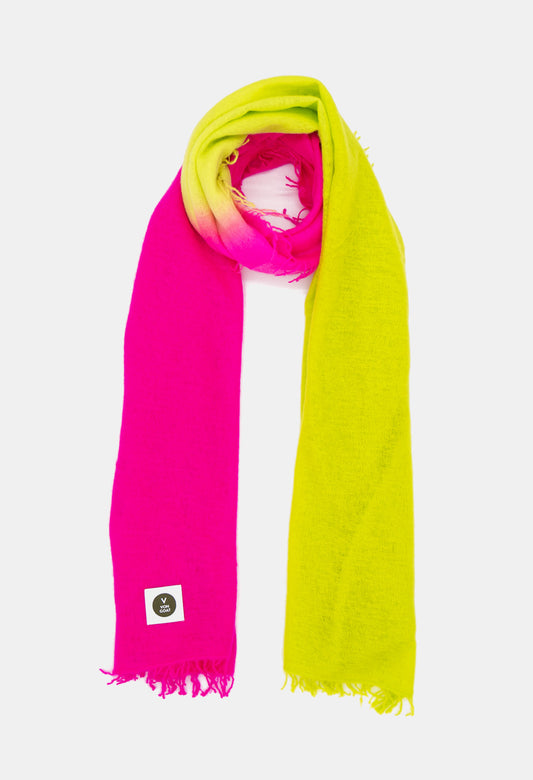 V Von Goat Kaschmir-Schal mit Fransen im Tiedye-Stil in den Farben Neon Pink und Neon Gelb aus reiner Cashmere-Wolle auf weißem Untergrund.