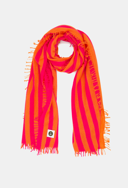 V Von Goat Kaschmir-Schal mit Fransen im Stripes-Stil in den Farben Neon Pink und Orange aus reiner Cashmere-Wolle auf weißem Untergrund.