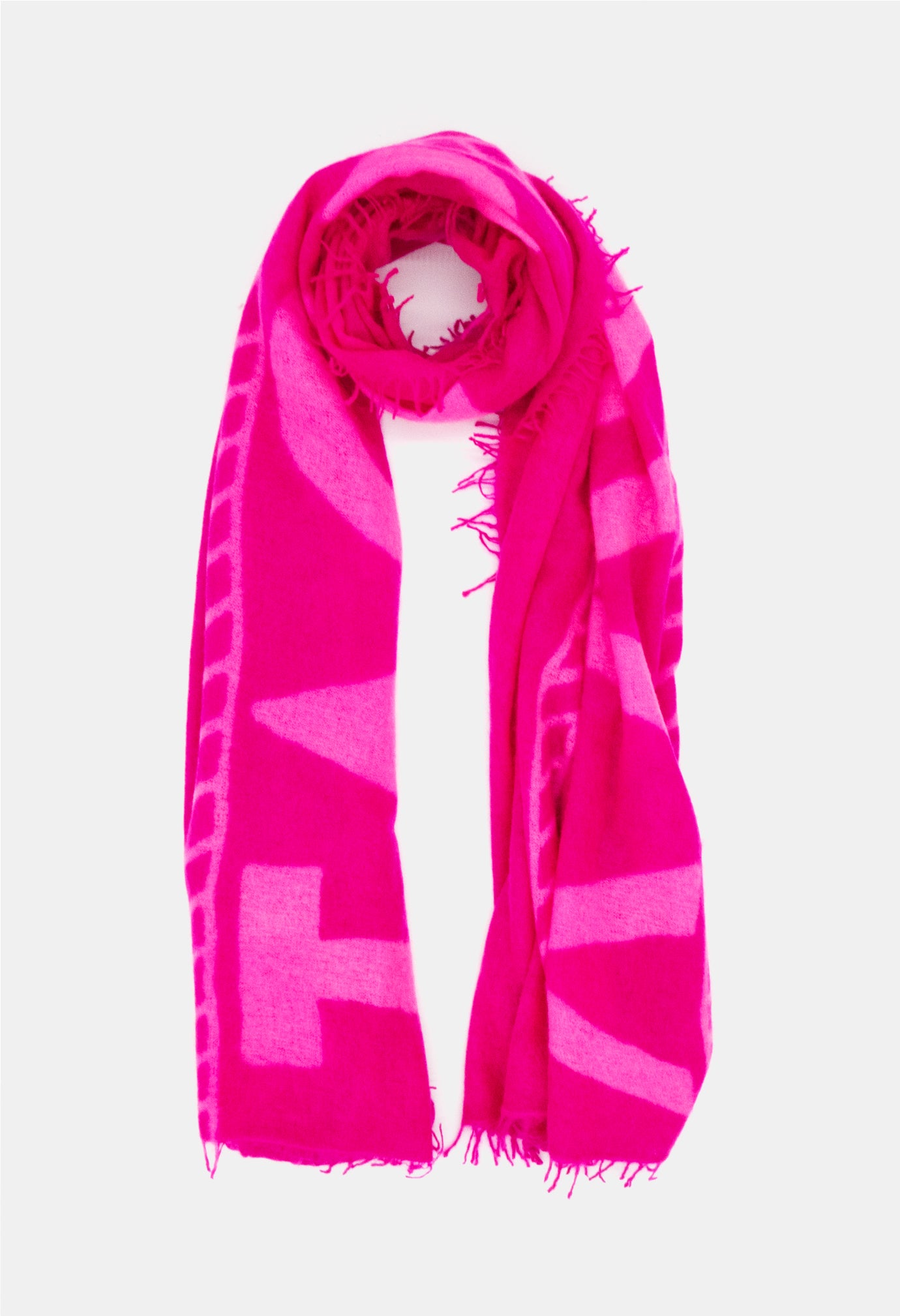 V Von Goat Kaschmir-Schal mit Fransen im Letters-Stil in den Farben Neon Pink aus reiner Cashmere-Wolle auf weißem Untergrund.