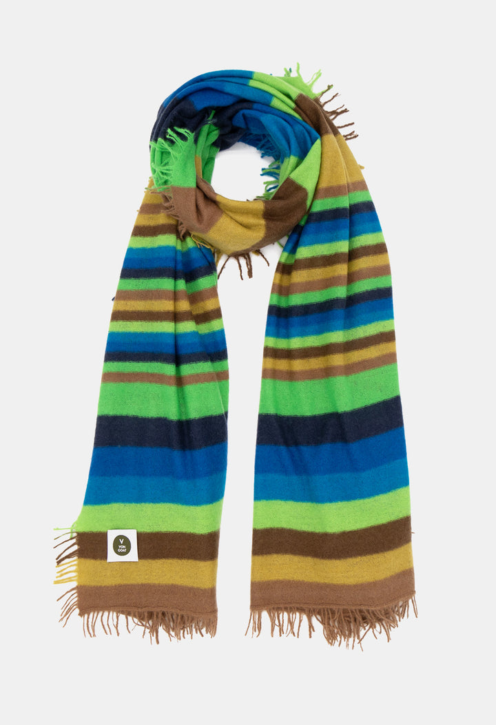 V Von Goat Kaschmir-Schal mit Fransen im Stripes-Stil in den Farben Mix aus reiner Cashmere-Wolle auf weißem Untergrund.
